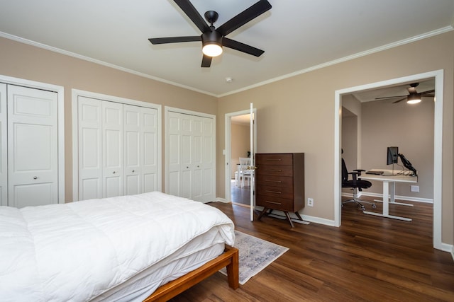 2112 Church St, Johnsburg, IL 60051 - bedroom featuring crown molding, wood finished floors, two closets, baseboards, and an office area