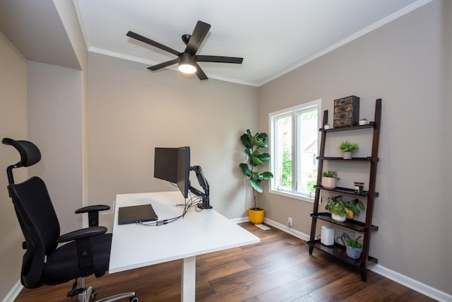 2112 Church St, Johnsburg, IL 60051 - home office with baseboards, a ceiling fan, wood finished floors, and crown molding