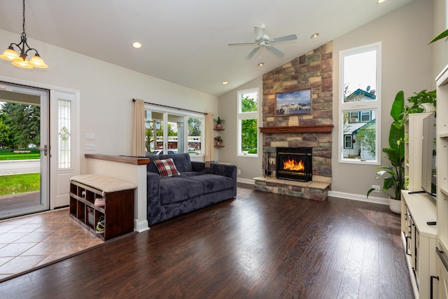 2112 Church St, Johnsburg, IL 60051 - living room with vaulted ceiling, a fireplace, ceiling fan, dark wood-style flooring, and recessed lighting
