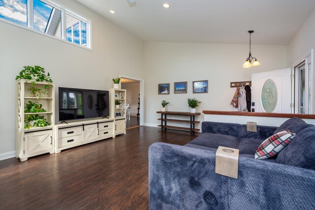2112 Church St, Johnsburg, IL 60051 - living room featuring dark wood-style flooring, baseboards, a chandelier, and recessed lighting