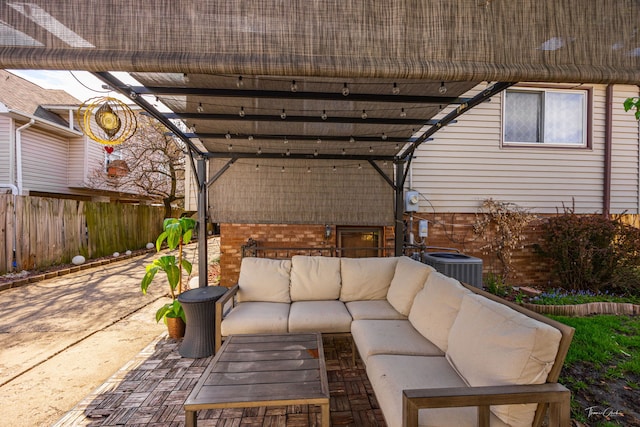 8327 S 78th Ave, Bridgeview, IL 60455 - view of patio featuring an outdoor living space, a fenced backyard, central AC, and a pergola