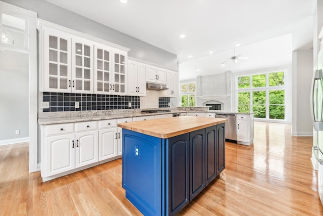 3302 Greenwood Ln, Saint Charles, IL 60175 - kitchen with butcher block countertops, stainless steel appliances, blue cabinets, ceiling fan, and under cabinet range hood