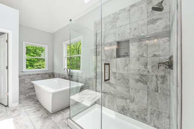 3302 Greenwood Ln, Saint Charles, IL 60175 - bathroom with a stall shower, a soaking tub, tile walls, and marble look tile flooring