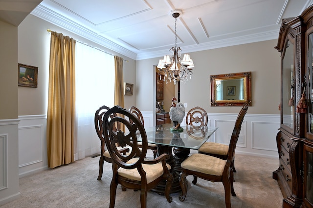 13464 Skyline Dr, Plainfield, IL 60585 - dining area featuring light carpet, a chandelier, a decorative wall, ornamental molding, and wainscoting
