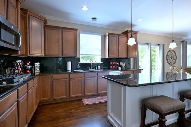 13464 Skyline Dr, Plainfield, IL 60585 - kitchen featuring stainless steel appliances, a sink, healthy amount of natural light, dark countertops, and crown molding
