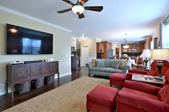 13464 Skyline Dr, Plainfield, IL 60585 - living area featuring ornamental molding, a ceiling fan, and dark wood-type flooring