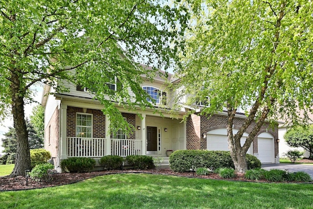 13464 Skyline Dr, Plainfield, IL 60585 - traditional home featuring driveway, covered porch, a front yard, brick siding, and an attached garage