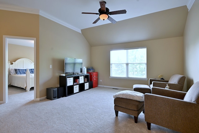 13464 Skyline Dr, Plainfield, IL 60585 - carpeted living area with ceiling fan, baseboards, ornamental molding, and vaulted ceiling
