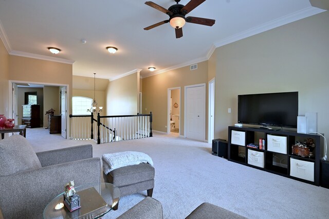 13464 Skyline Dr, Plainfield, IL 60585 - carpeted living area featuring crown molding, a chandelier, ceiling fan, and baseboards