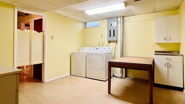1305 Baugh Dr, Normal, IL 61761 - laundry area featuring cabinet space, washing machine and dryer, electric panel, light flooring, and baseboards