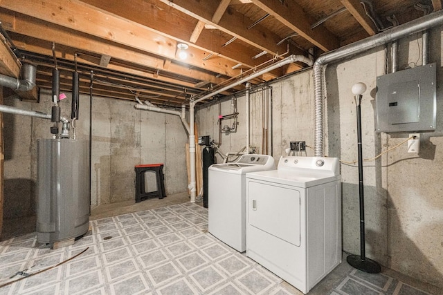 1868 Kerrybrook Ct Unit 1868, Sycamore, IL 60178 - laundry room featuring electric panel, washer and clothes dryer, water heater, light flooring, and a wood stove