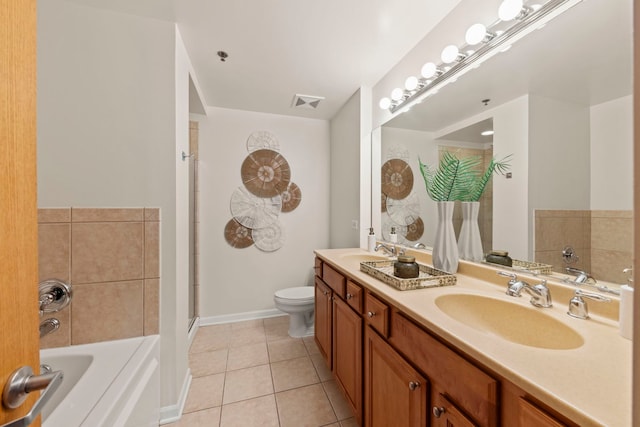 full bathroom featuring tile patterned flooring, toilet, baseboards, a bath, and a shower