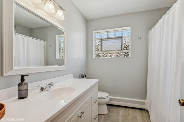 6810 N Ozark Ave Unit 9, Chicago, IL 60631 - full bathroom with wood finished floors, vanity, toilet, baseboards, and baseboard heating