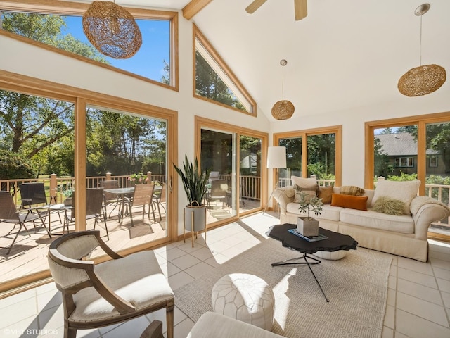 14705 Pleasant Valley Rd, Woodstock, IL 60098 - sunroom featuring high vaulted ceiling, tile patterned flooring, and plenty of natural light