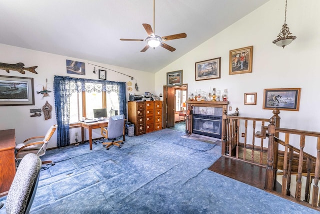 1479 Old Mill Rd, Franklin Grove, IL 61031 - office with lofted ceiling, a ceiling fan, and a tile fireplace