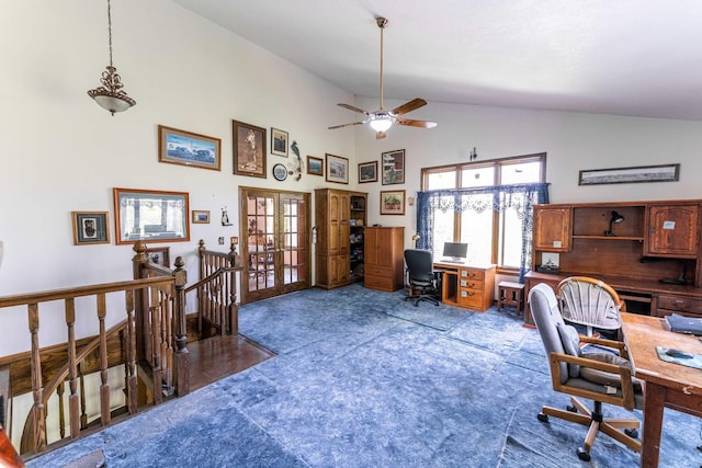1479 Old Mill Rd, Franklin Grove, IL 61031 - home office featuring french doors, high vaulted ceiling, and a ceiling fan