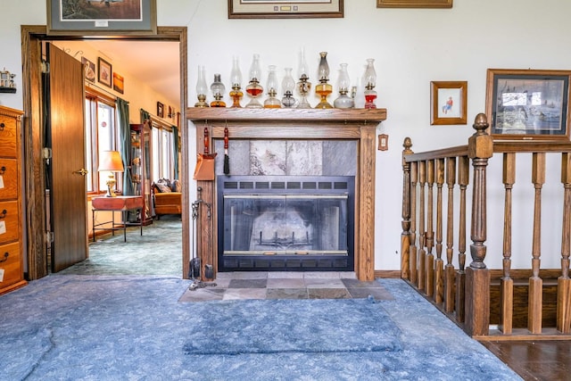 1479 Old Mill Rd, Franklin Grove, IL 61031 - living area featuring a tiled fireplace and carpet