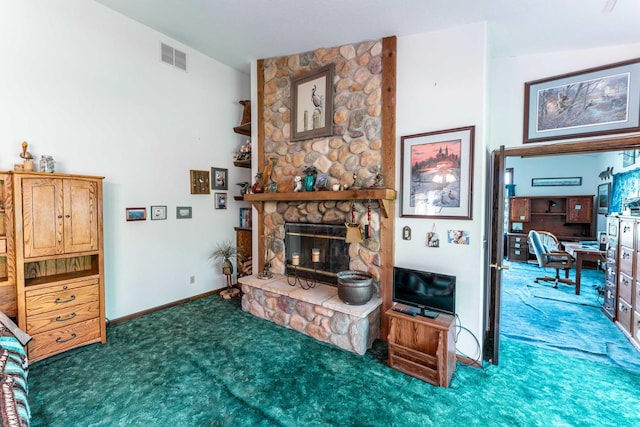 1479 Old Mill Rd, Franklin Grove, IL 61031 - living area with carpet flooring, a fireplace, and baseboards