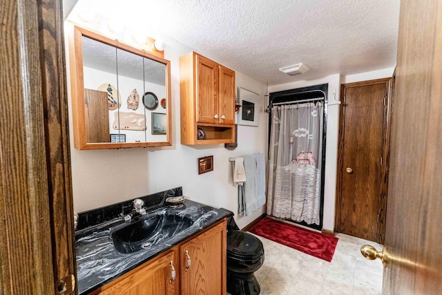 1479 Old Mill Rd, Franklin Grove, IL 61031 - bathroom featuring vanity, toilet, a textured ceiling, and curtained shower