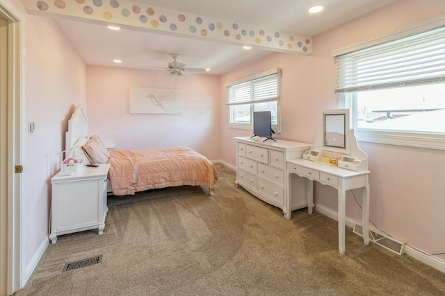 bedroom with light carpet, baseboards, and recessed lighting