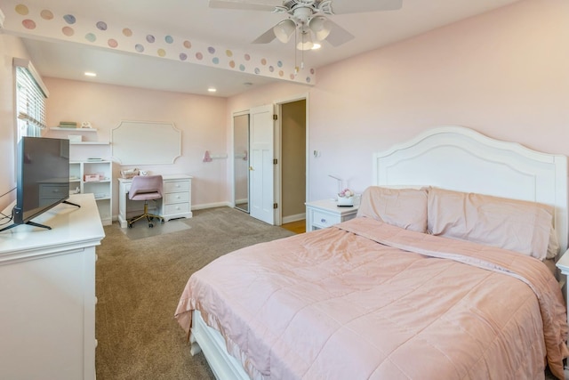 bedroom with carpet floors, an office area, baseboards, a ceiling fan, and recessed lighting