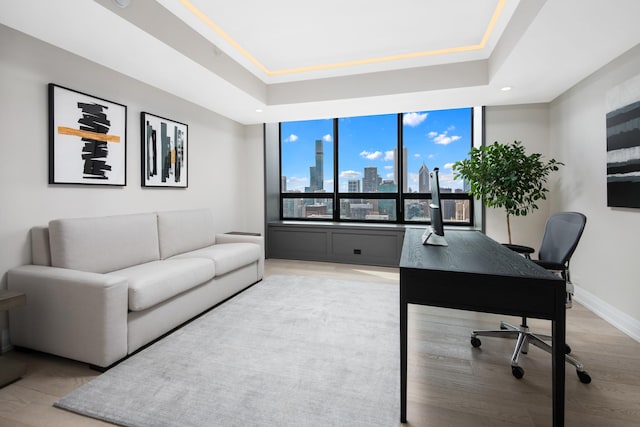 office space with light wood-type flooring, a tray ceiling, a view of skyline, and baseboards
