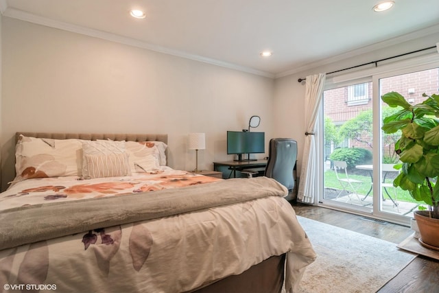 1835 W Oakdale Ave Unit E, Chicago, IL 60657 - bedroom with access to exterior, wood finished floors, recessed lighting, and crown molding