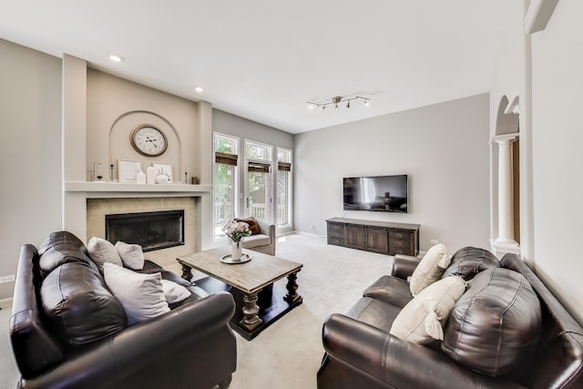 1571 W Rue James Pl, Palatine, IL 60067 - living area featuring decorative columns, carpet floors, a fireplace, and recessed lighting