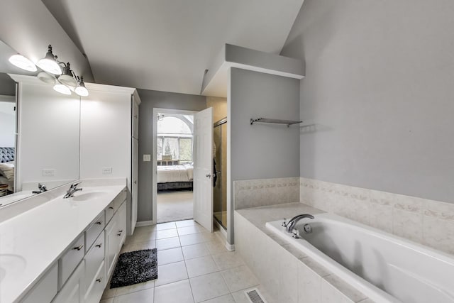 1571 W Rue James Pl, Palatine, IL 60067 - full bath featuring ensuite bathroom, double vanity, tile patterned floors, a bath, and lofted ceiling