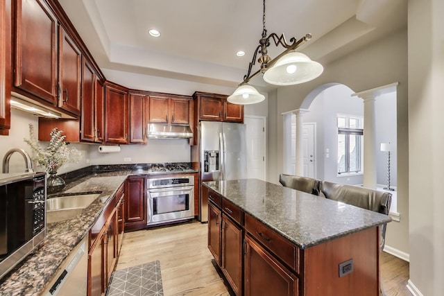 1571 W Rue James Pl, Palatine, IL 60067 - kitchen featuring appliances with stainless steel finishes, ornate columns, under cabinet range hood, light wood finished floors, and arched walkways