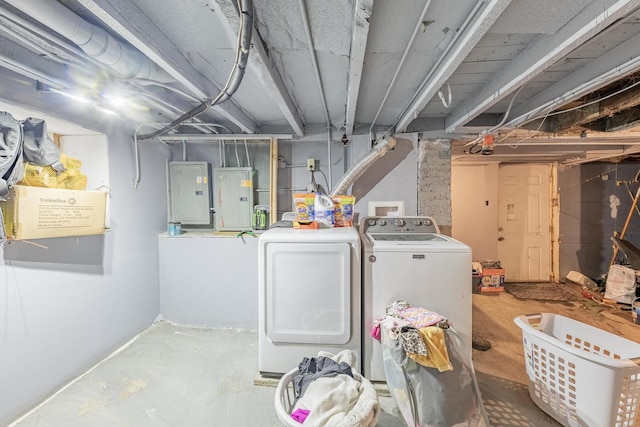 unfinished below grade area featuring independent washer and dryer and electric panel