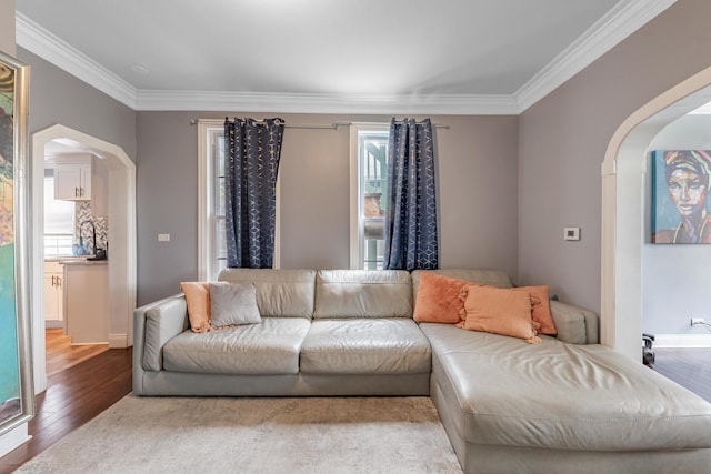 living room featuring arched walkways, plenty of natural light, crown molding, wood finished floors, and baseboards