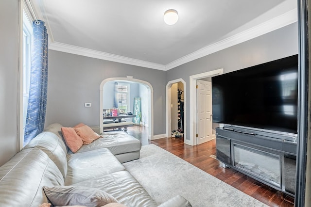 living area featuring arched walkways, crown molding, dark wood-type flooring, and baseboards