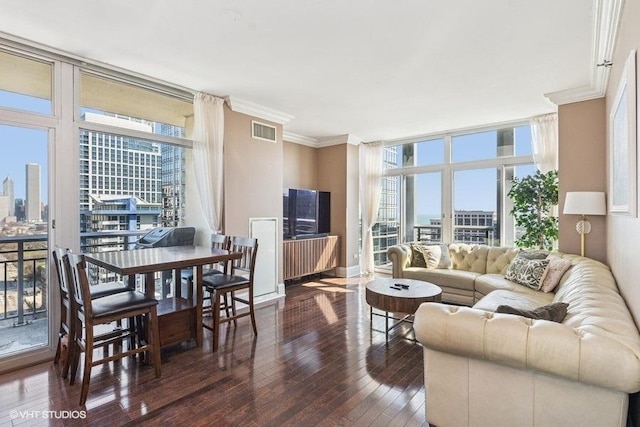 1400 S Michigan Ave Unit 2303, Chicago, IL 60605 - living room with hardwood / wood-style floors, ornamental molding, plenty of natural light, a wall of windows, and a view of city