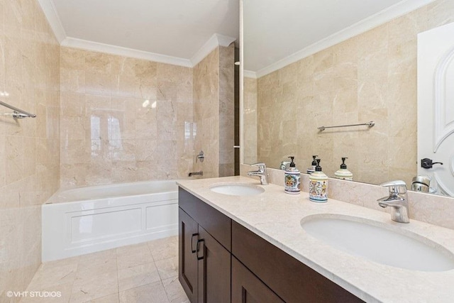 1400 S Michigan Ave Unit 2303, Chicago, IL 60605 - full bathroom featuring crown molding, a bathtub, double vanity, and tile walls