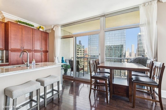 1400 S Michigan Ave Unit 2303, Chicago, IL 60605 - dining room featuring a view of skyline, healthy amount of natural light, dark wood-type flooring, and ornamental molding