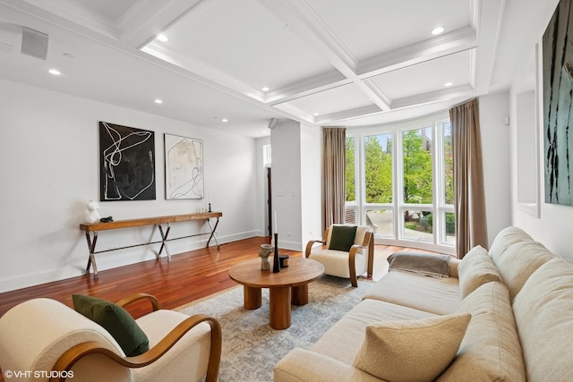 1759 W Surf St, Chicago, IL 60657 - living area featuring coffered ceiling, beam ceiling, wood finished floors, recessed lighting, and baseboards