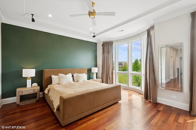 1759 W Surf St, Chicago, IL 60657 - bedroom featuring ornamental molding, wood finished floors, baseboards, and a ceiling fan