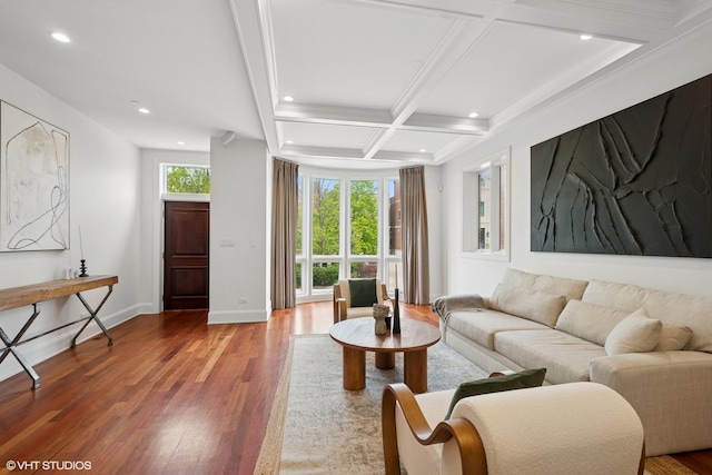 1759 W Surf St, Chicago, IL 60657 - living room featuring wood-type flooring, recessed lighting, coffered ceiling, beamed ceiling, and baseboards