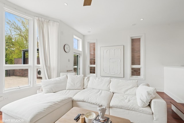1759 W Surf St, Chicago, IL 60657 - living room with healthy amount of natural light, baseboards, dark wood-style floors, a ceiling fan, and recessed lighting