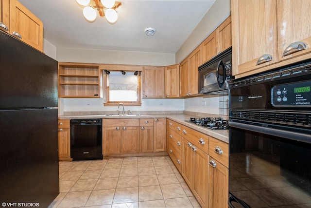 7745 S Kilpatrick Ave, Chicago, IL 60652 - kitchen featuring black appliances, light countertops, light tile patterned floors, a sink, and open shelves