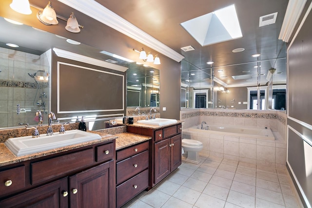 22388 Crimson Ln, Frankfort, IL 60423 - bathroom with a skylight, ornamental molding, a stall shower, tile patterned flooring, and a bath