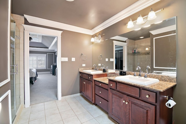 22388 Crimson Ln, Frankfort, IL 60423 - full bath with ornamental molding, tile patterned flooring, a stall shower, double vanity, and baseboards