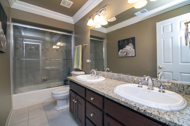 22388 Crimson Ln, Frankfort, IL 60423 - full bathroom featuring toilet, tile patterned floors, double vanity, ornamental molding, and combined bath / shower with glass door