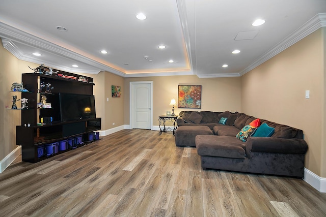 22388 Crimson Ln, Frankfort, IL 60423 - living area with ornamental molding, wood finished floors, baseboards, a raised ceiling, and recessed lighting