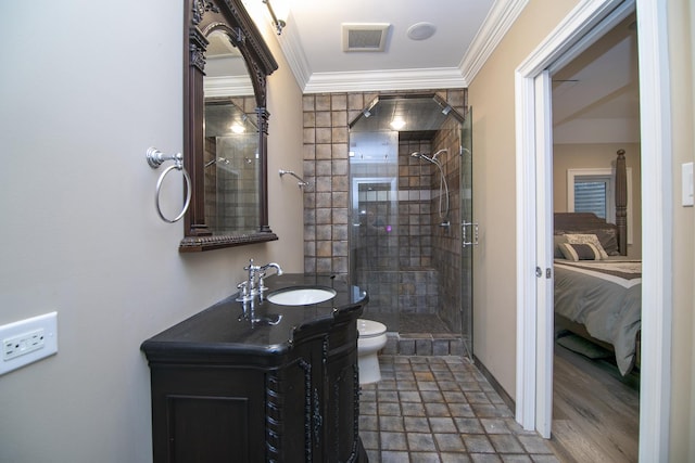 22388 Crimson Ln, Frankfort, IL 60423 - ensuite bathroom with toilet, ornamental molding, vanity, a stall shower, and stone finish flooring