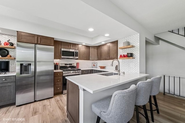 kitchen featuring appliances with stainless steel finishes, a sink, open shelves, tasteful backsplash, and recessed lighting