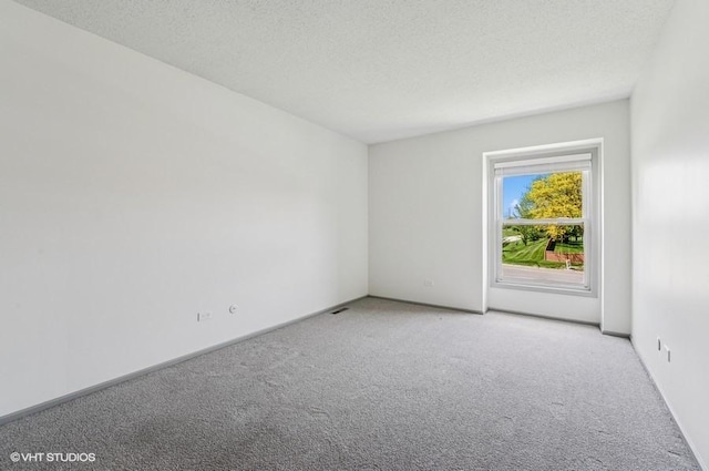 spare room featuring light carpet and a textured ceiling