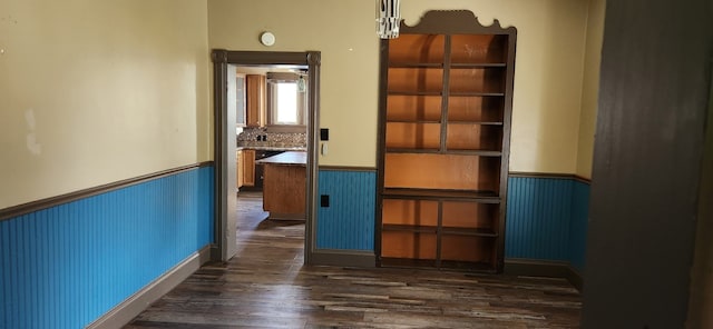 hallway featuring wainscoting and dark wood-style flooring