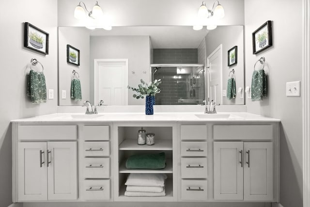 full bath featuring a stall shower and double vanity